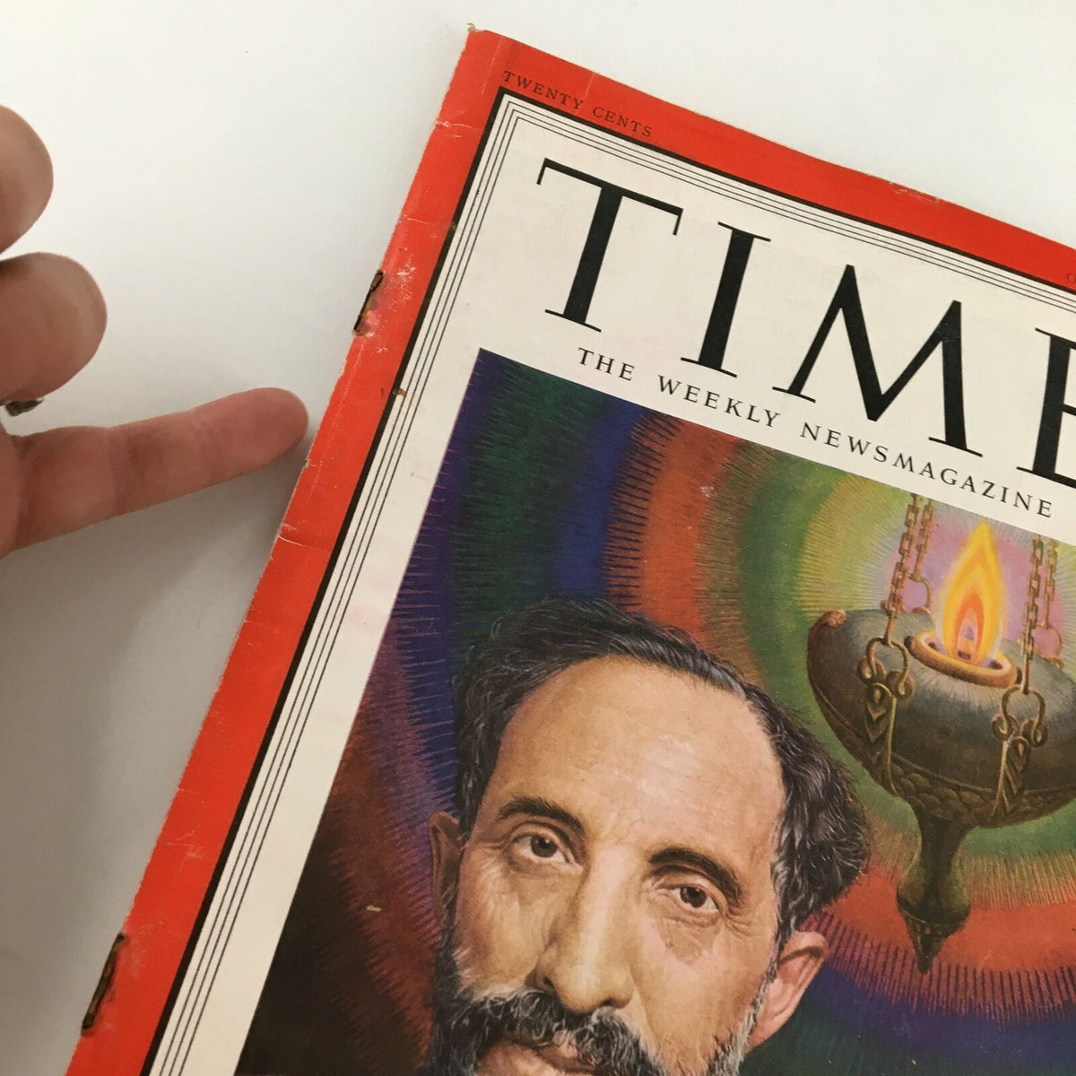 Detail shot of the edge of the VTG Time Magazine October 15 1951 Vol. 58 No. 16, featuring Rabbi Louis Finkelstein, showing wear consistent with its age.