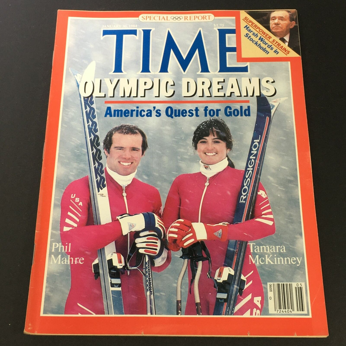 Cover of VTG Time Magazine January 30 1984 featuring ski champions Phil Mahre and Tamara McKinney, with the headline 'Olympic Dreams - America's Quest for Gold'.