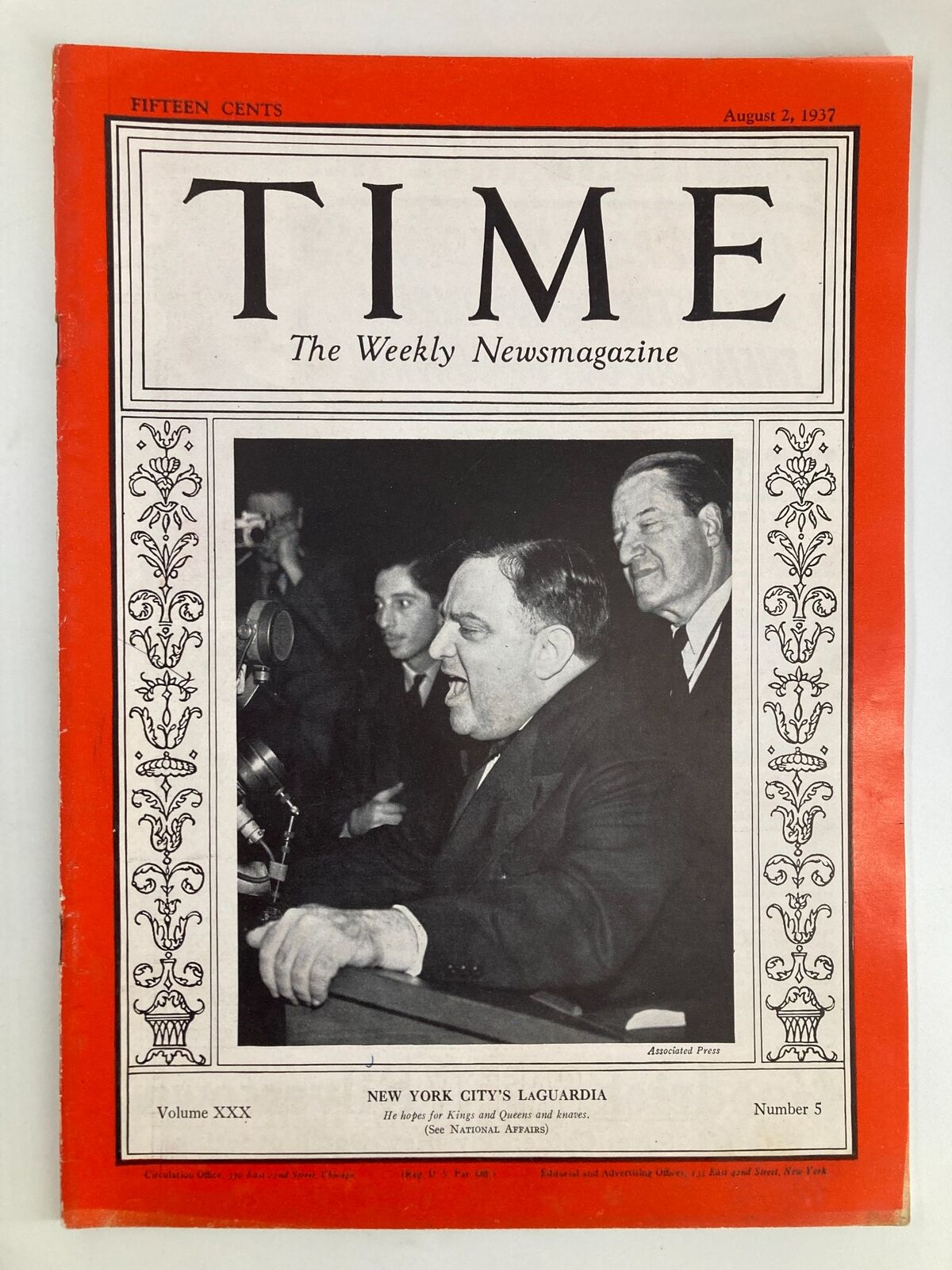 VTG Time Magazine August 2, 1937 featuring cover story on New York City's Mayor Fiorello LaGuardia, Volume 30 No. 5.