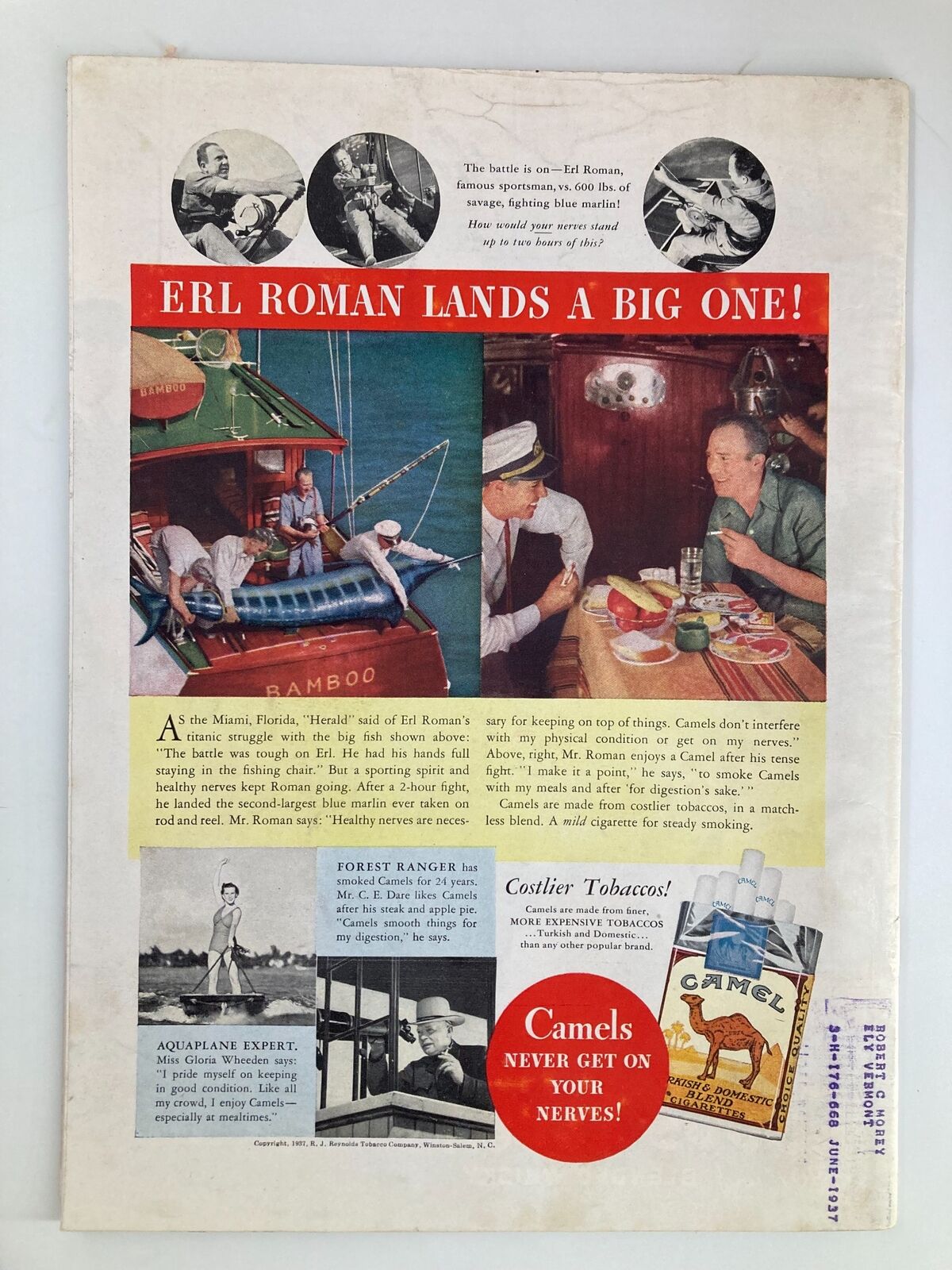 Back cover of VTG Time Magazine August 2, 1937 showcasing an advertisement for Erl Roman and Camel cigarettes.