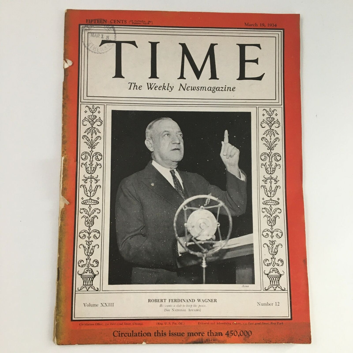 Time Magazine March 19 1934 featuring former Senator Robert Ferdinand Wagner on the cover, showcasing historical significance and vintage journalism.