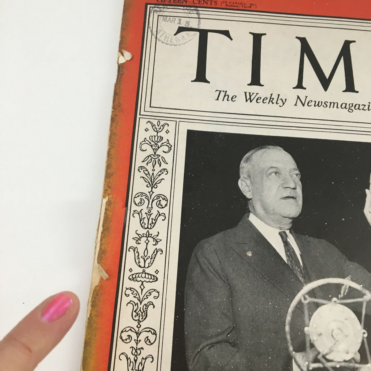 Close-up of the Time Magazine March 19 1934 cover displaying former Senator Robert Ferdinand Wagner, emphasizing details like condition and vintage elements.