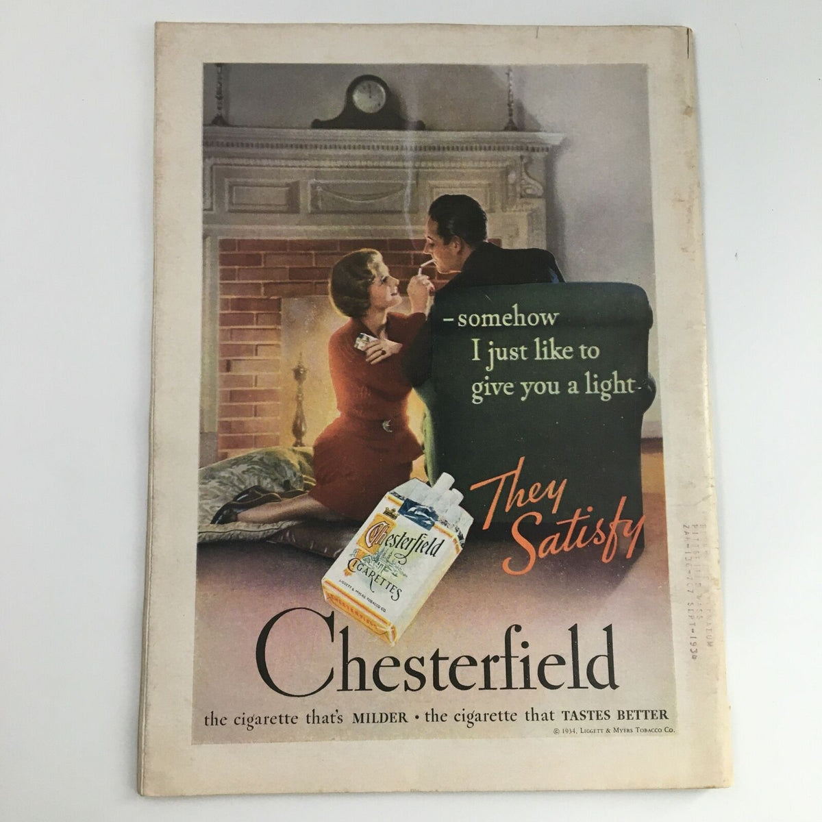 Time Magazine March 19 1934 featuring a vintage Chesterfield cigarette advertisement, showcasing a romantic scene by the fireplace with a man and woman, emphasizing the cigarette's satisfying qualities.