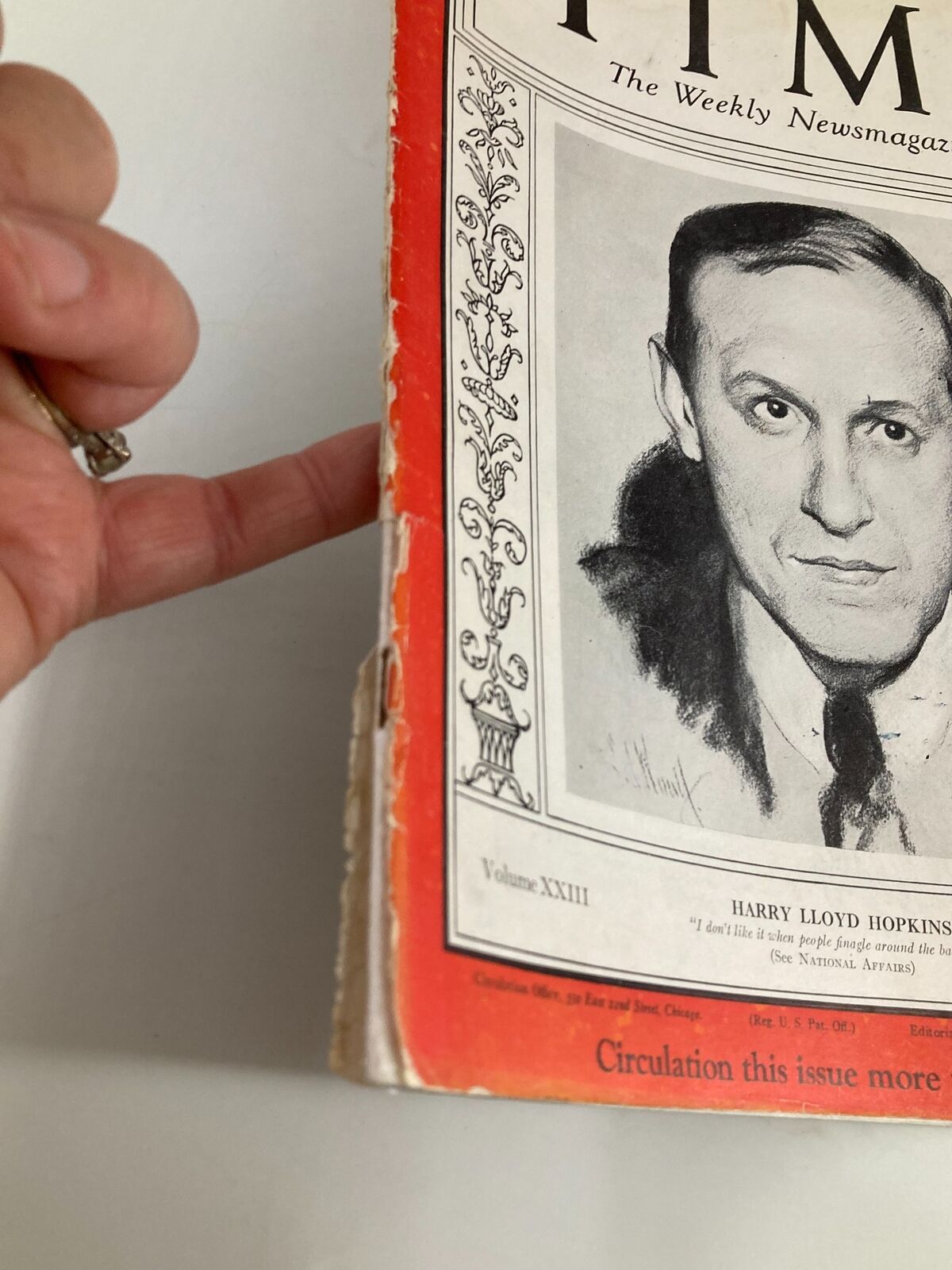 Close-up view of the edge of the Vintage Time Magazine February 19, 1934, Volume 23, Issue 8 highlighting wear and binding.