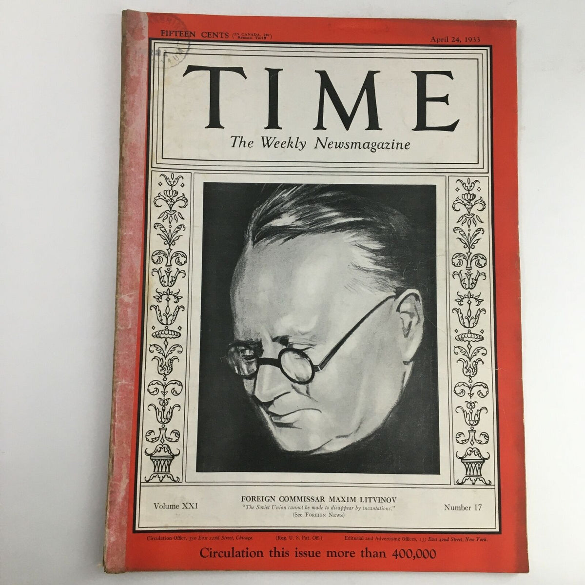 Time Magazine April 24, 1933, Vol 21 #17 featuring Foreign Commissar Maxim Litvinov on the cover. The magazine displays a vintage illustration of Litvinov, set against a red border, showcasing historical significance and charm.