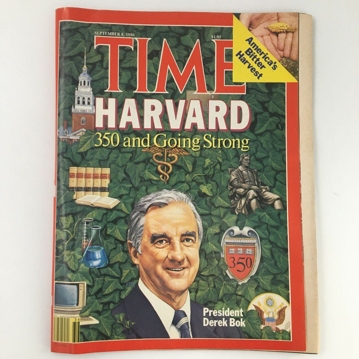VTG Time Magazine September 8 1986 featuring President Derek Bok of Harvard University, highlighting the theme '350 and Going Strong' with decorative elements symbolizing education.