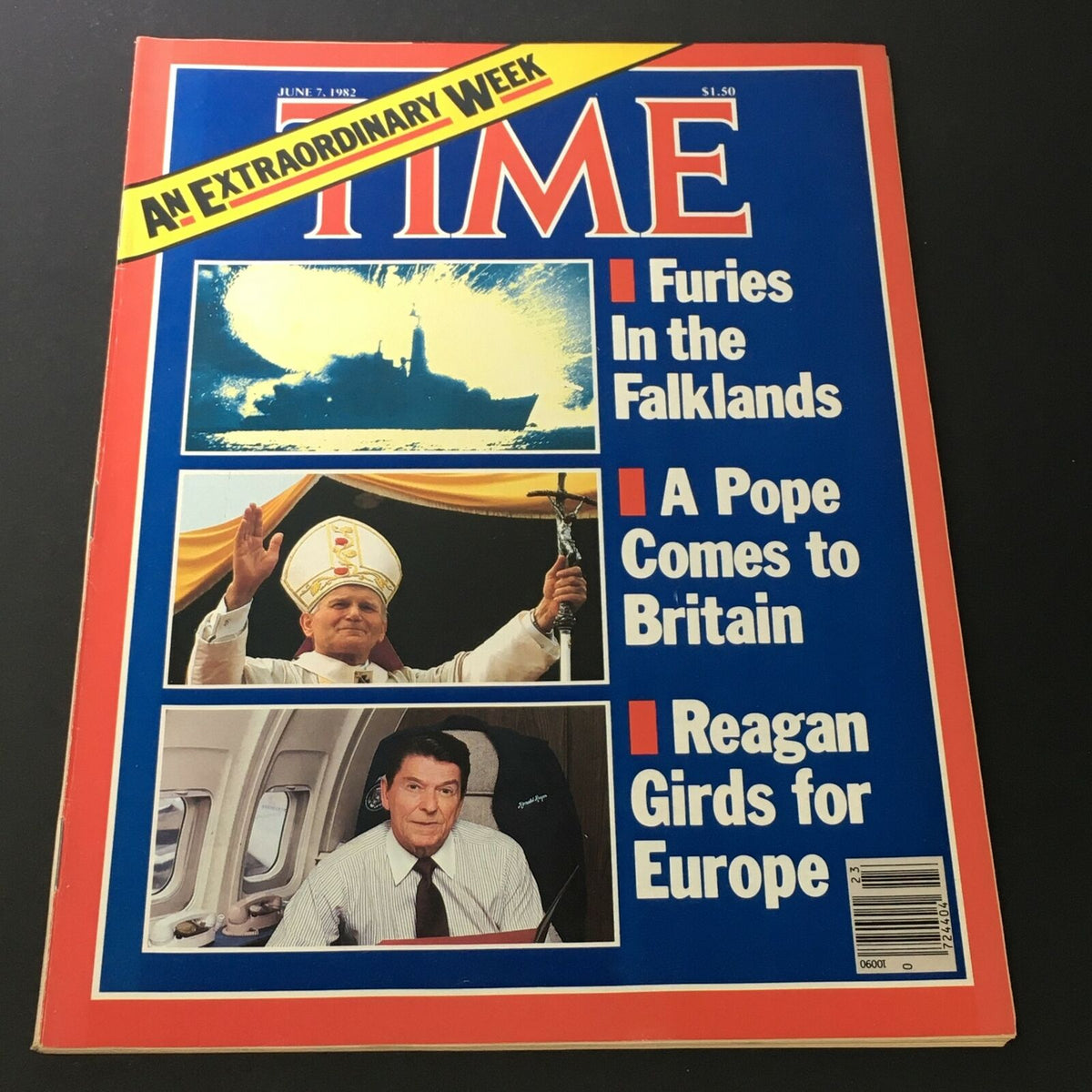 Vintage Time Magazine from June 7, 1982, featuring Pope John Paul II and Ronald Reagan, discussing Europe's geopolitical landscape during the Cold War. Cover includes headlines on 'Furies In the Falklands,' 'A Pope Comes to Britain,' and 'Reagan Girds for Europe'.