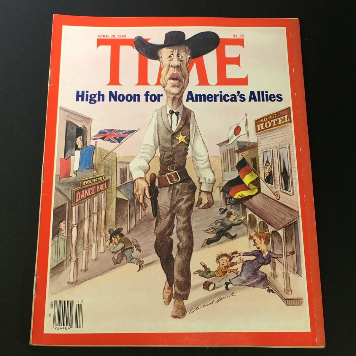 VTG Time Magazine April 28 1980 cover featuring a cartoon illustration with a cowboy theme, titled 'High Noon for America's Allies', showcasing various flags and a colorful street scene.