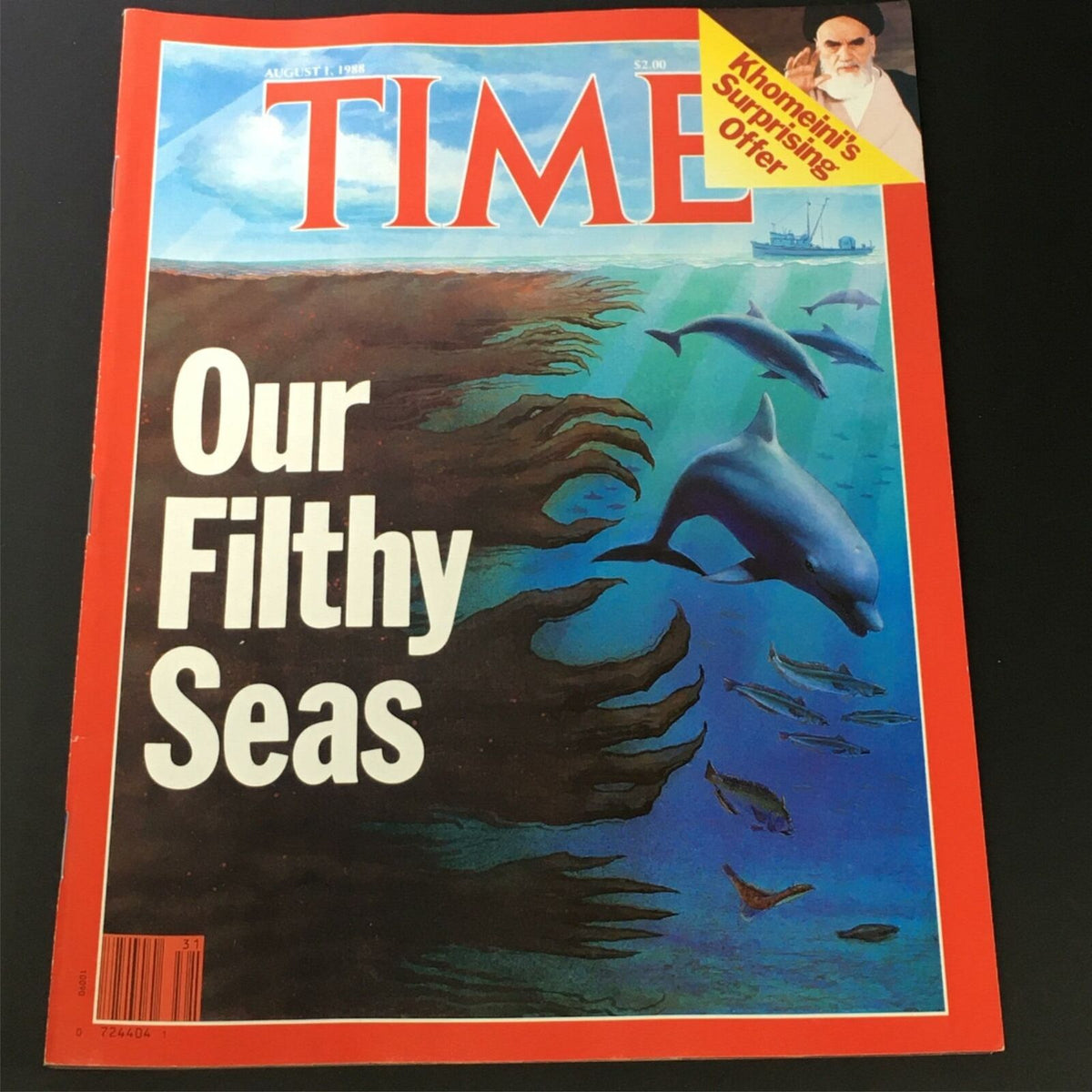 Cover of the VTG Time Magazine dated August 1, 1988, showcasing the title 'Our Filthy Seas' along with a visual depiction of dolphins and marine life in contaminated seas.