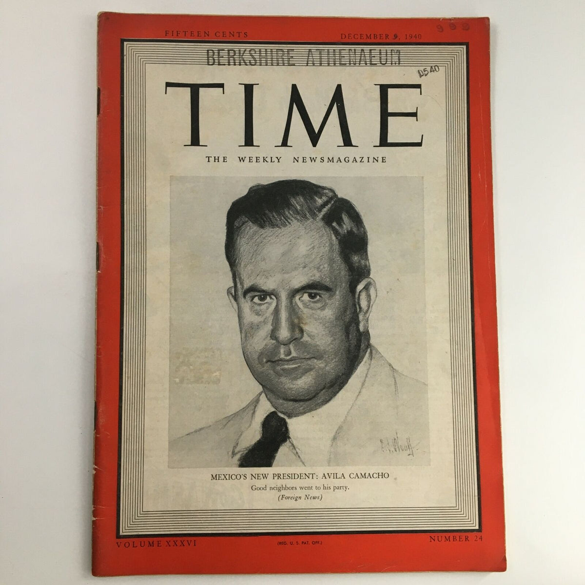 Cover of Time Magazine, December 9 1940, Vol 36 #24 featuring Mexico's President Avila Camacho in a vintage illustration style.