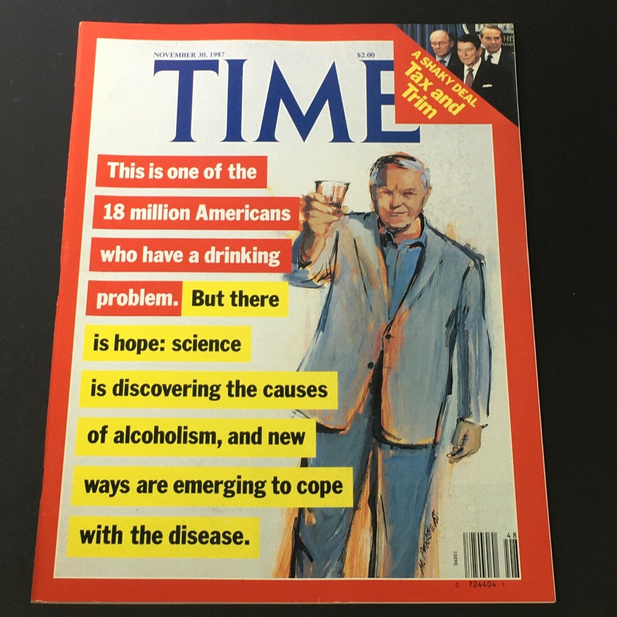 VTG Time Magazine November 30 1987 cover featuring a man raising a glass, addressing the issue of drinking problems among Americans, with highlighted text discussing hope and scientific discoveries related to alcoholism.