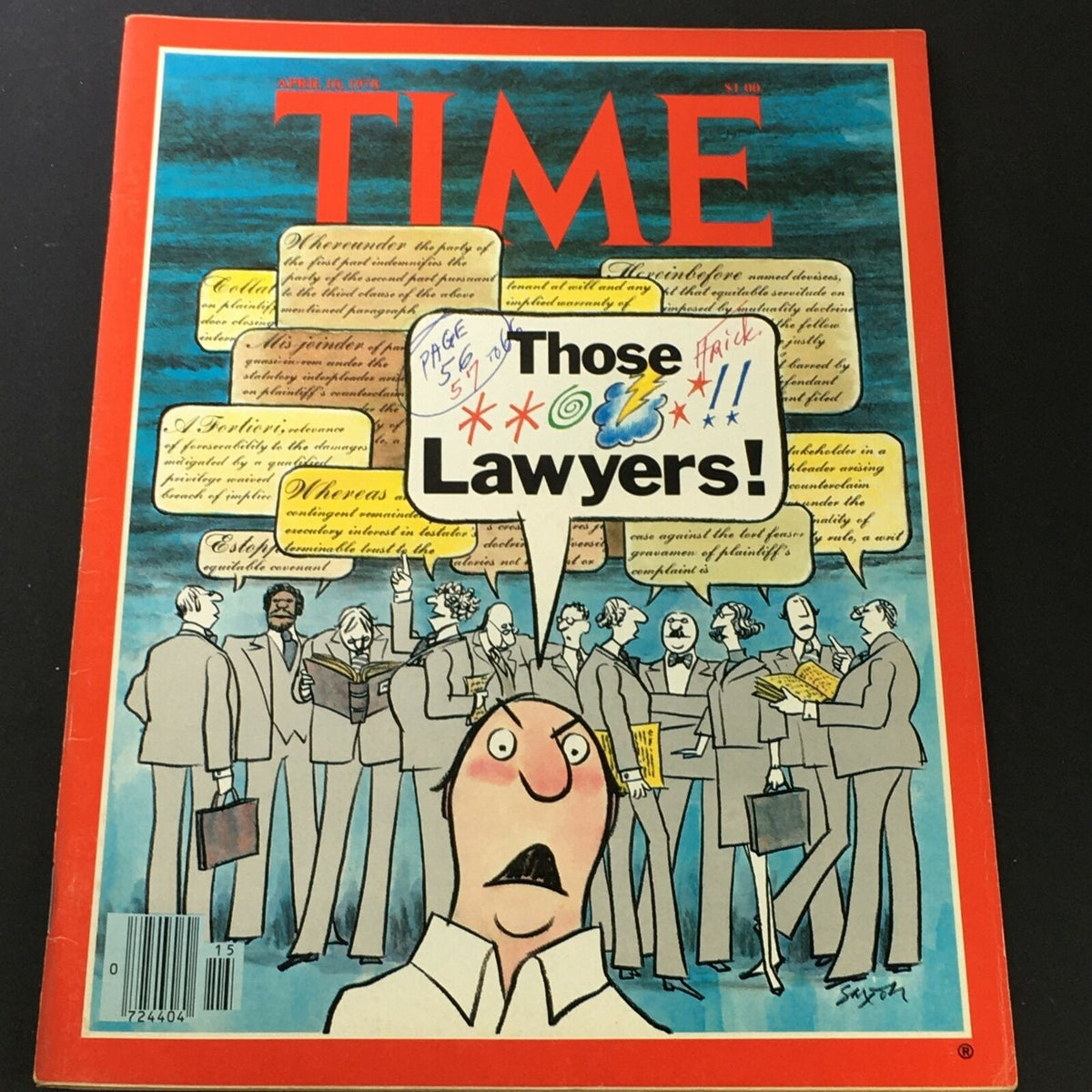 VTG Time Magazine April 10 1978 cover displaying the title 'Those Lawyers!' featuring a humorous illustration of lawyers and legal discussions, perfect for collectors.