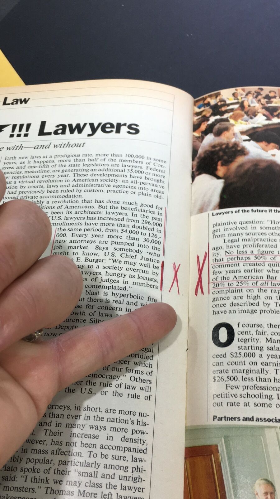 Interior page of VTG Time Magazine April 10 1978, highlighting the article titled 'Lawyers' with marked sections.