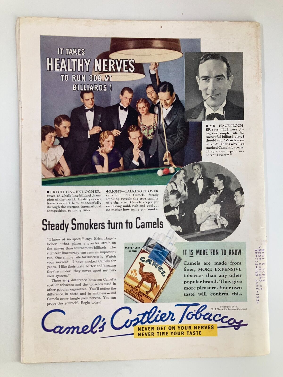 Back cover of the VTG Time Magazine from November 6, 1933, Volume 22, Number 19, displaying an advertisement for Camel cigarettes with a billiard scene and models, reflecting the advertising style of the early 1930s.