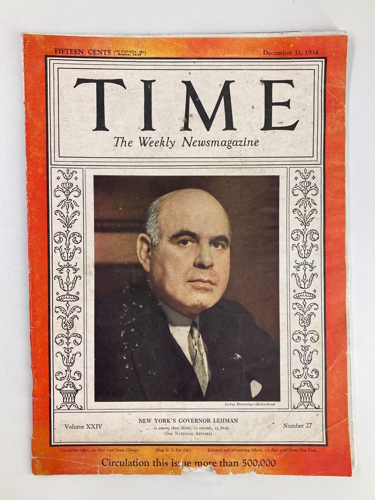 VTG Time Magazine December 31 1934 featuring New York's Governor Herbert H. Lehman on the cover, showcasing classic art deco design and vintage publication style.