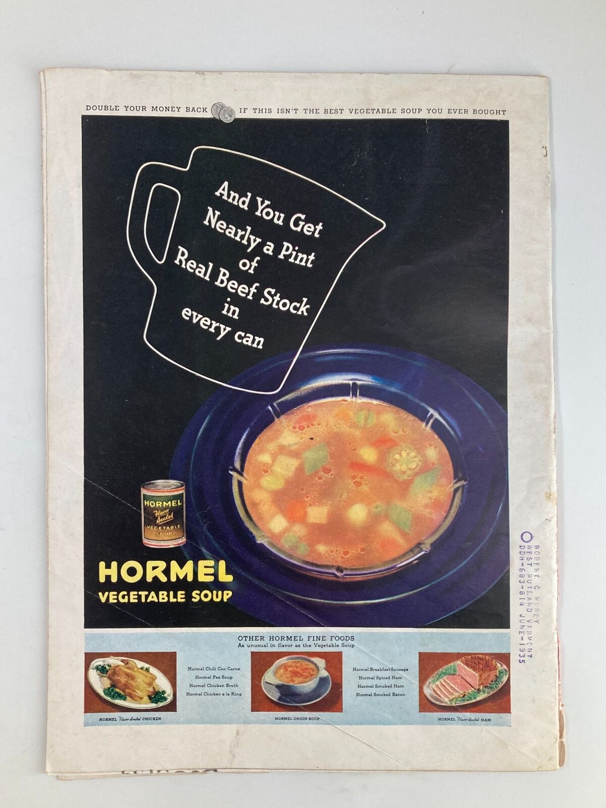 Back cover of VTG Time Magazine December 31 1934 showcasing an advertisement for Hormel Vegetable Soup, illustrating the promotional style of vintage publications.