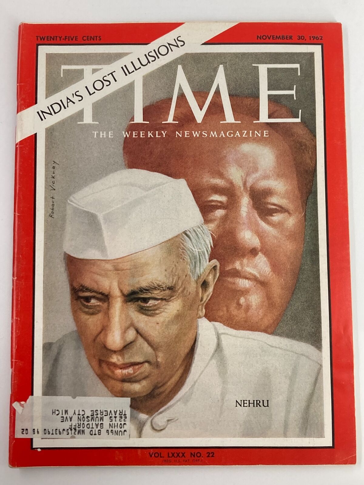 Vintage Time Magazine from November 30, 1962, featuring the cover story "Nehru: India's Lost Illusion" with an illustration of Jawaharlal Nehru alongside Mao Zedong. This collectible magazine is part of Volume 80, Issue 2.