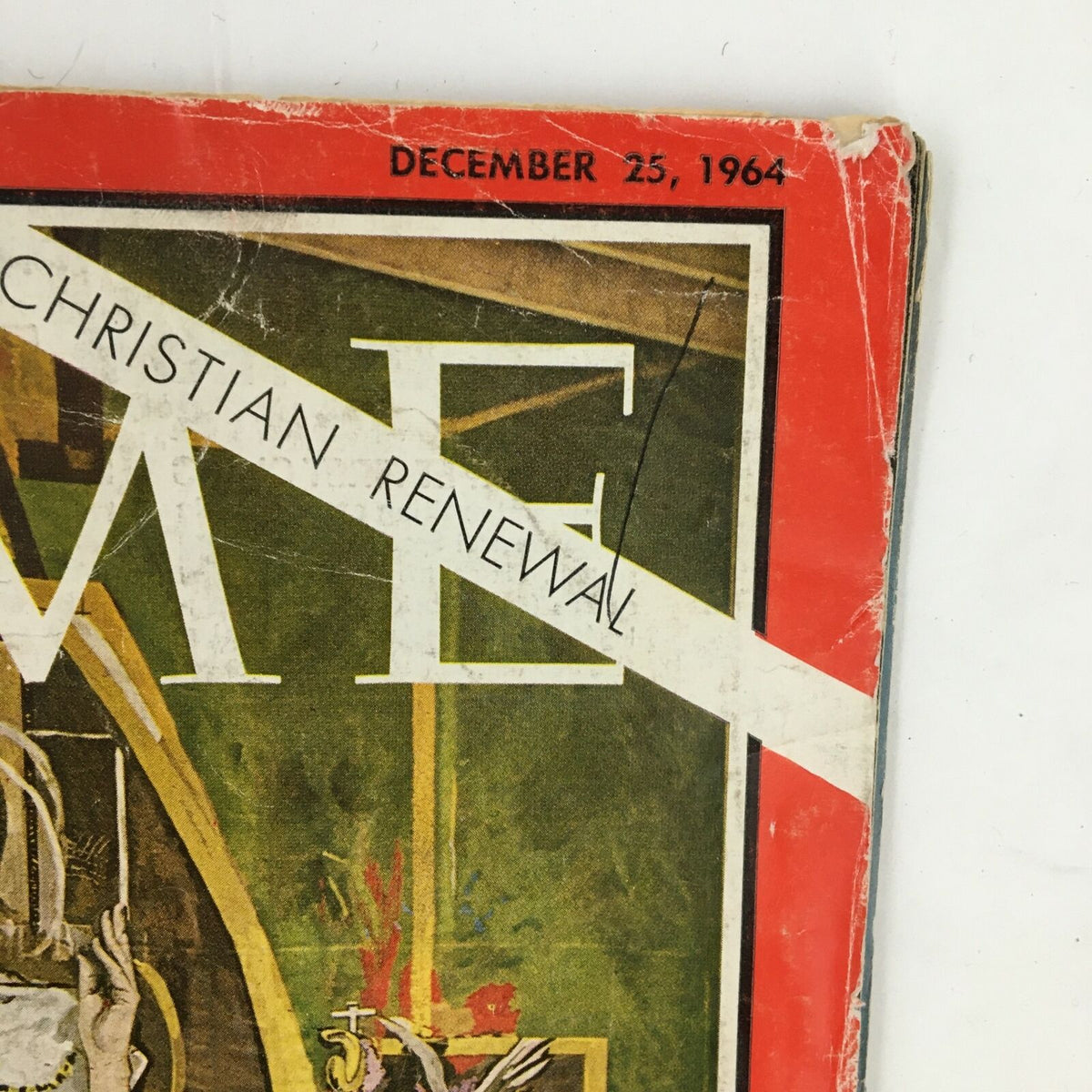 Detail view from the cover of Time Magazine Vol 84 No. 26, December 25, 1964, featuring the title and theme of Christian Renewal with visible aging.