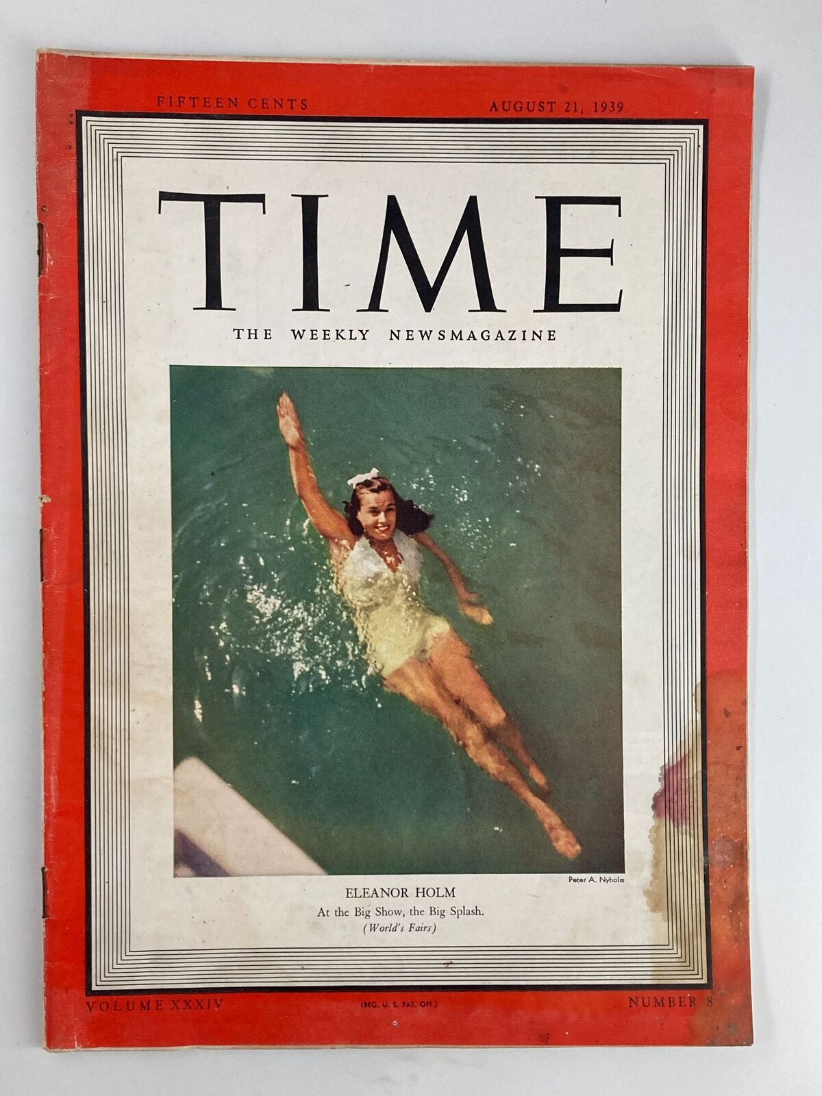 Vintage Time Magazine August 21 1939 featuring Eleanor Holm on the cover, showcasing her in a swimming pose and highlighting the era's cultural significance.