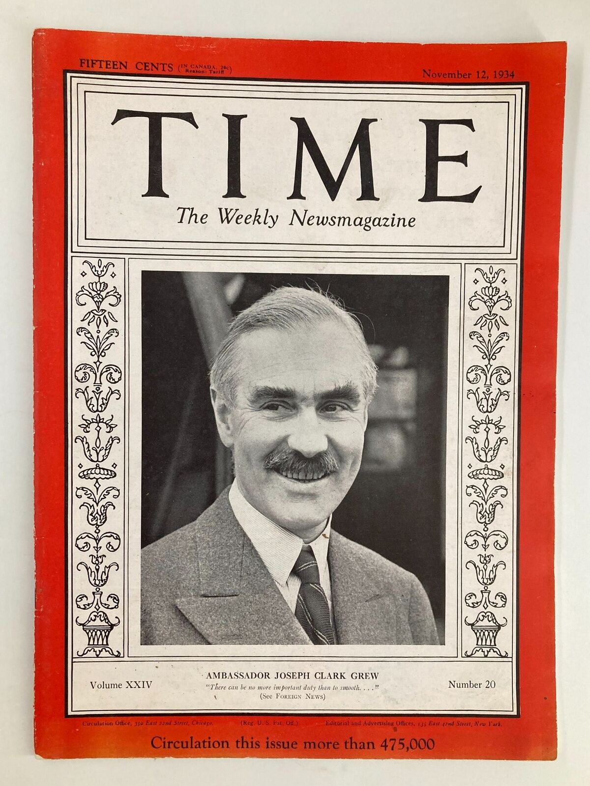 Vintage Time Magazine cover from November 12, 1934, featuring Ambassador Joseph Clark Grew, Volume 24, Number 20.