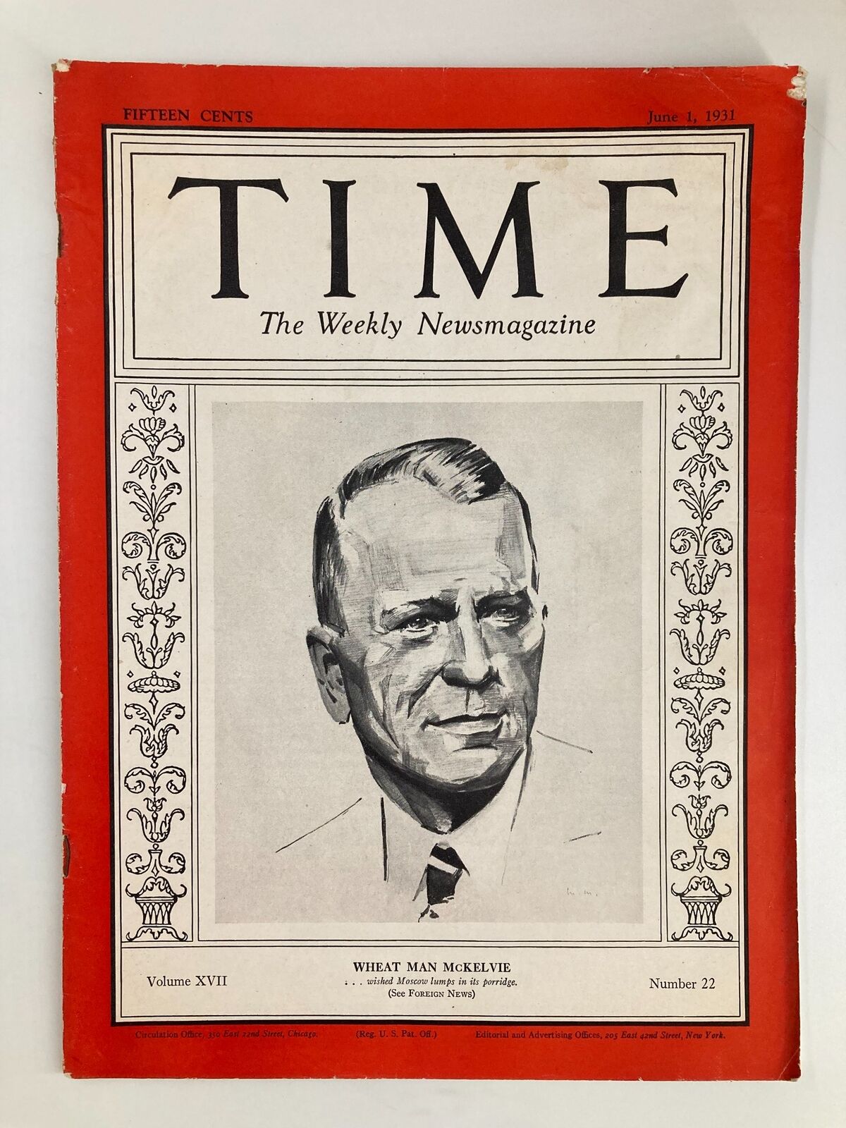 Front cover of VTG Time Magazine dated June 1, 1931, Volume 17, Number 22 featuring the 'Wheat Man' Samuel Roy McKelvie.