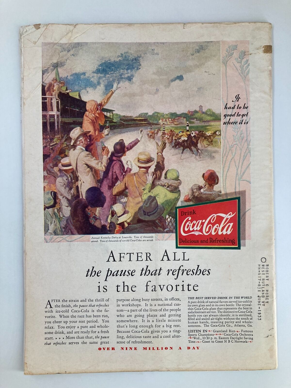 Back cover advertisement of VTG Time Magazine from June 1, 1931, promoting Coca-Cola with a colorful illustration of a crowd at a horse race.
