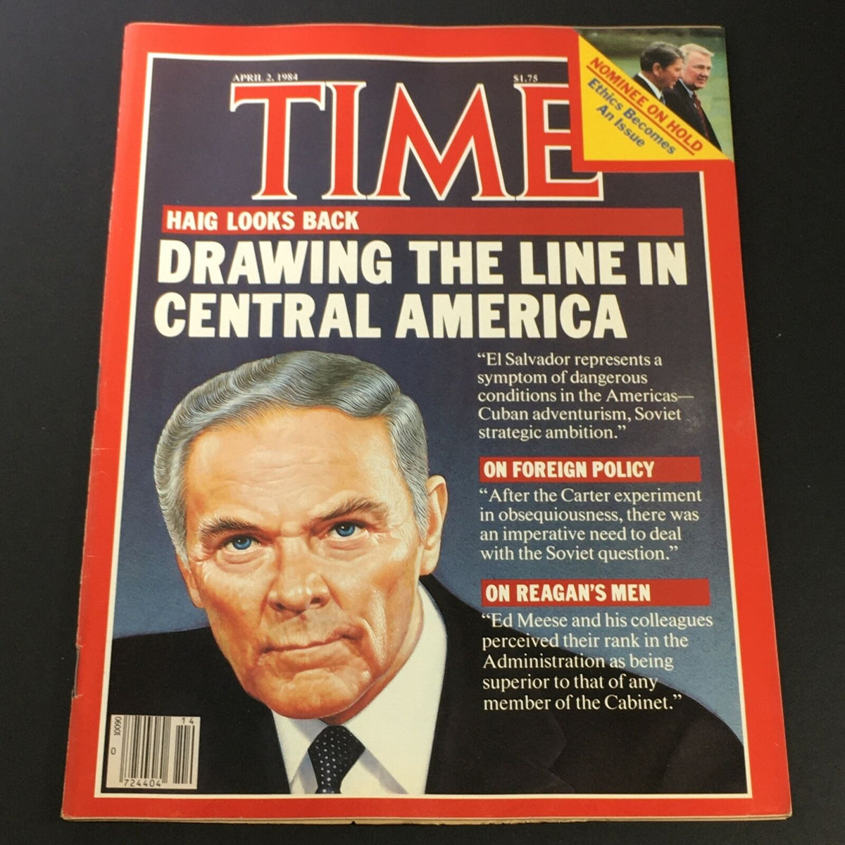 VTG Time Magazine cover from April 2, 1984 featuring Ed Meese, Ronald Reagan, and the political theme 'Drawing the Line in Central America' concerning El Salvador. The magazine highlights significant issues and is presented in good condition with front cover illustrations.