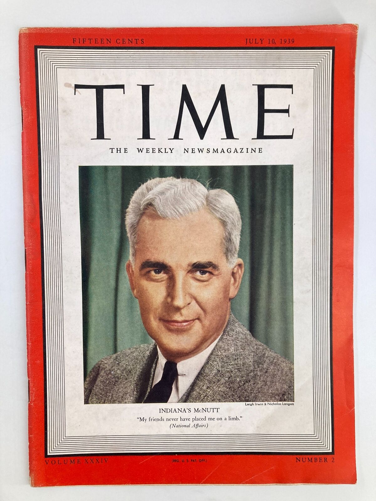 Cover of VTG Time Magazine July 10 1939 featuring Indiana's Paul V. McNutt with a quote and details about the magazine issue.