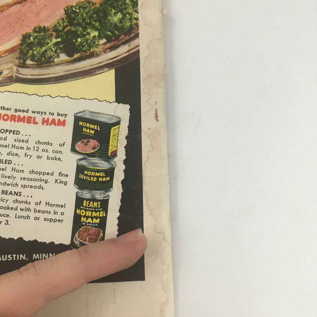 Vintage advertisement from VTG Time Magazine September 18 1950, highlighting Hormel products with images of canned meat, enhancing the magazine's nostalgic charm.