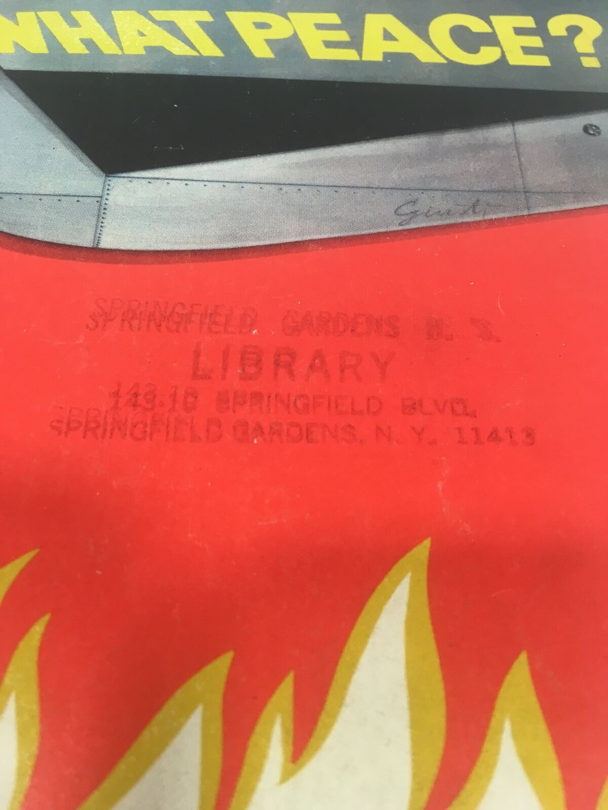 Close-up view of the address label on the cover of Time Magazine's January 8, 1973 issue titled 'After the Bombs, What Peace?'. The label indicates it was from a library in Springfield Gardens, NY.