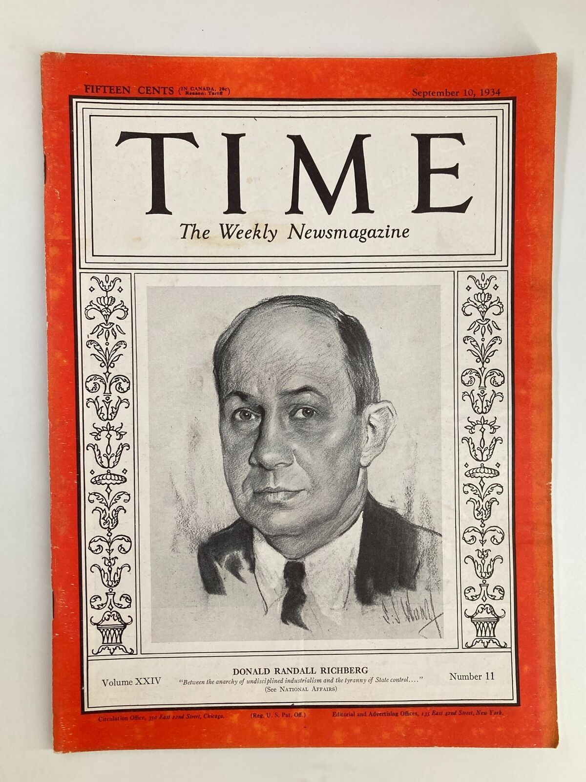 Cover image of VTG Time Magazine from September 10, 1934, showcasing Donald Randall Richberg, Volume XXIV, No. 11.
