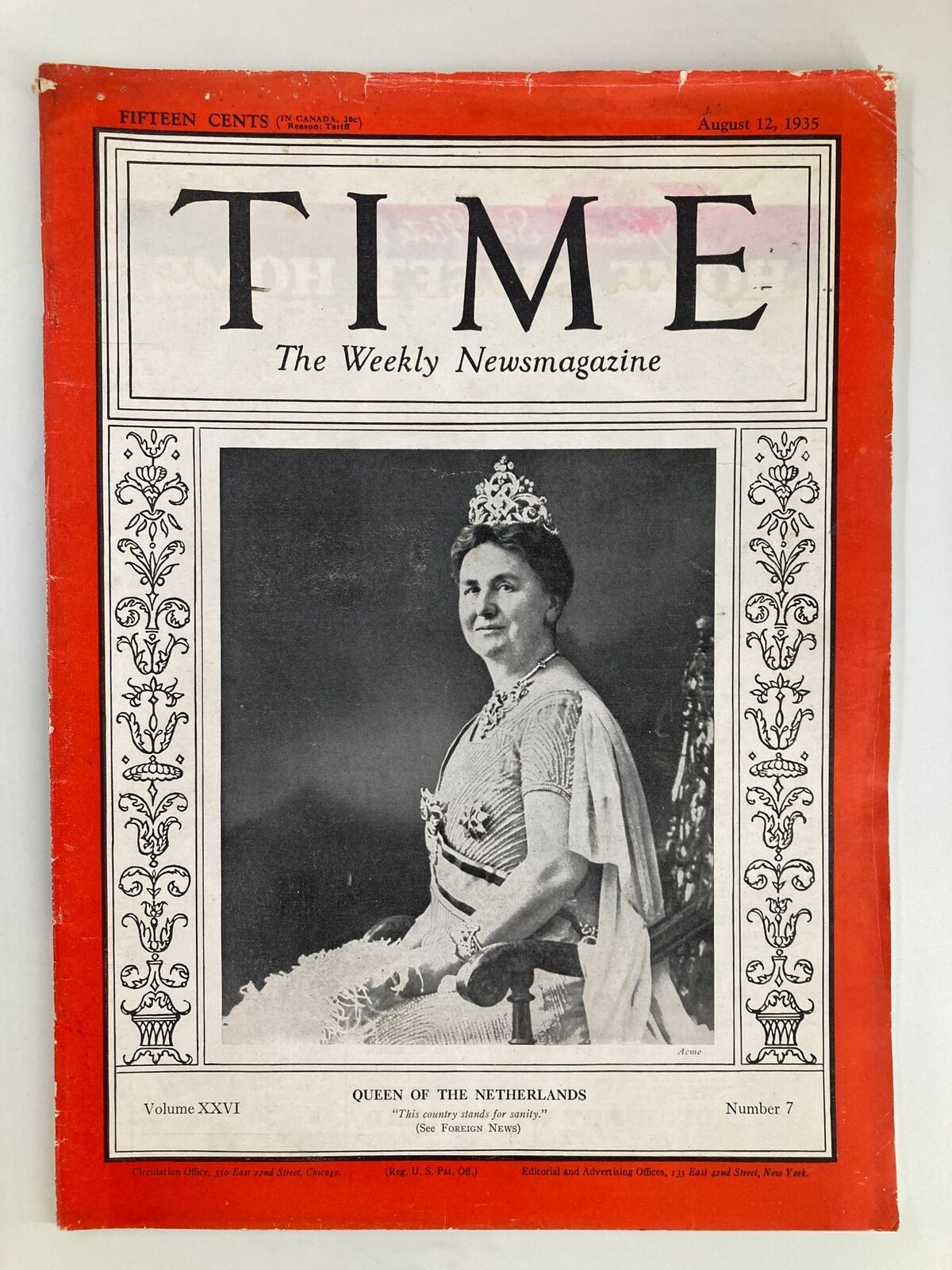 VTG Time Magazine August 12 1935 featuring the Queen of the Netherlands on the cover, showcasing a vintage news publication from Volume 26, Issue No. 7.