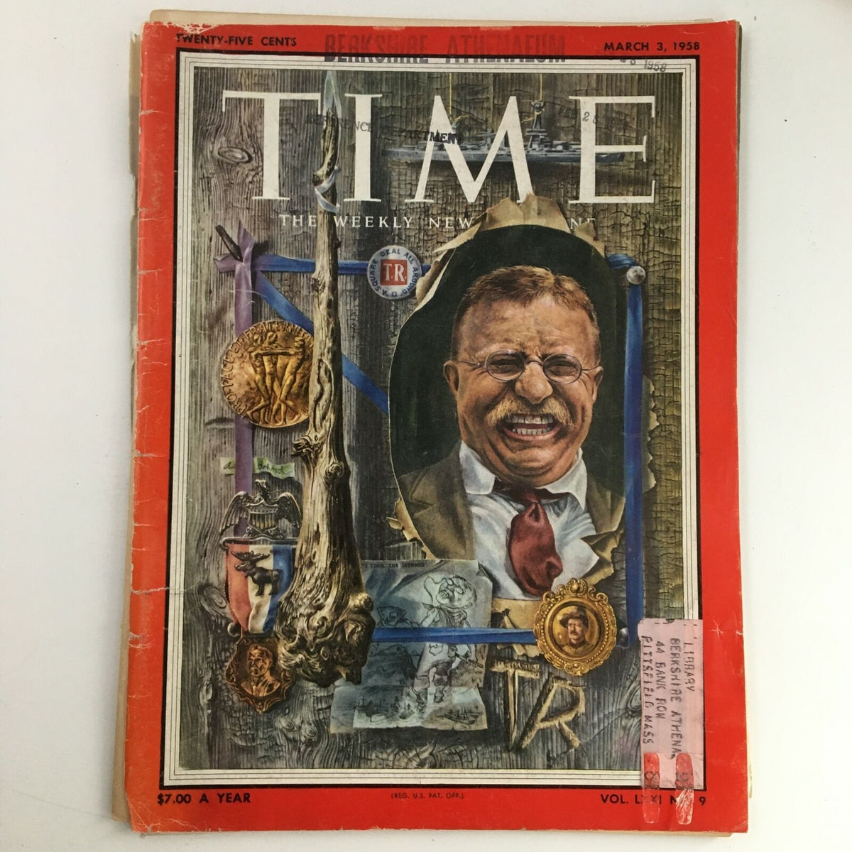 Time Magazine March 3 1958 cover featuring Theodore Roosevelt, 26th U.S. President, with notable artwork including medals and historical imagery.