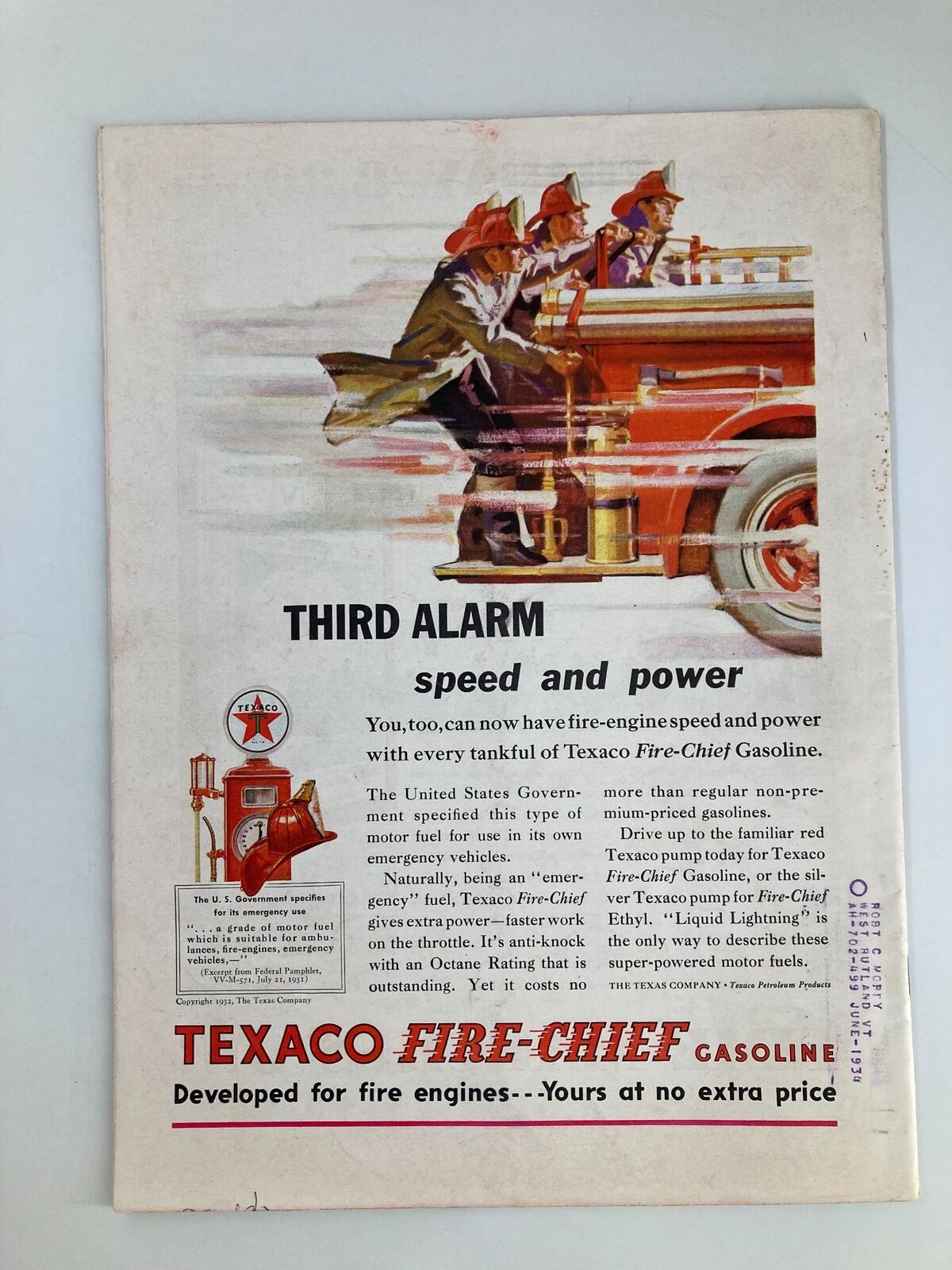 Detailed advertisement from the back cover of VTG Time Magazine September 26 1932, promoting Texaco Fire-Chief Gasoline with imagery of firefighters in action.