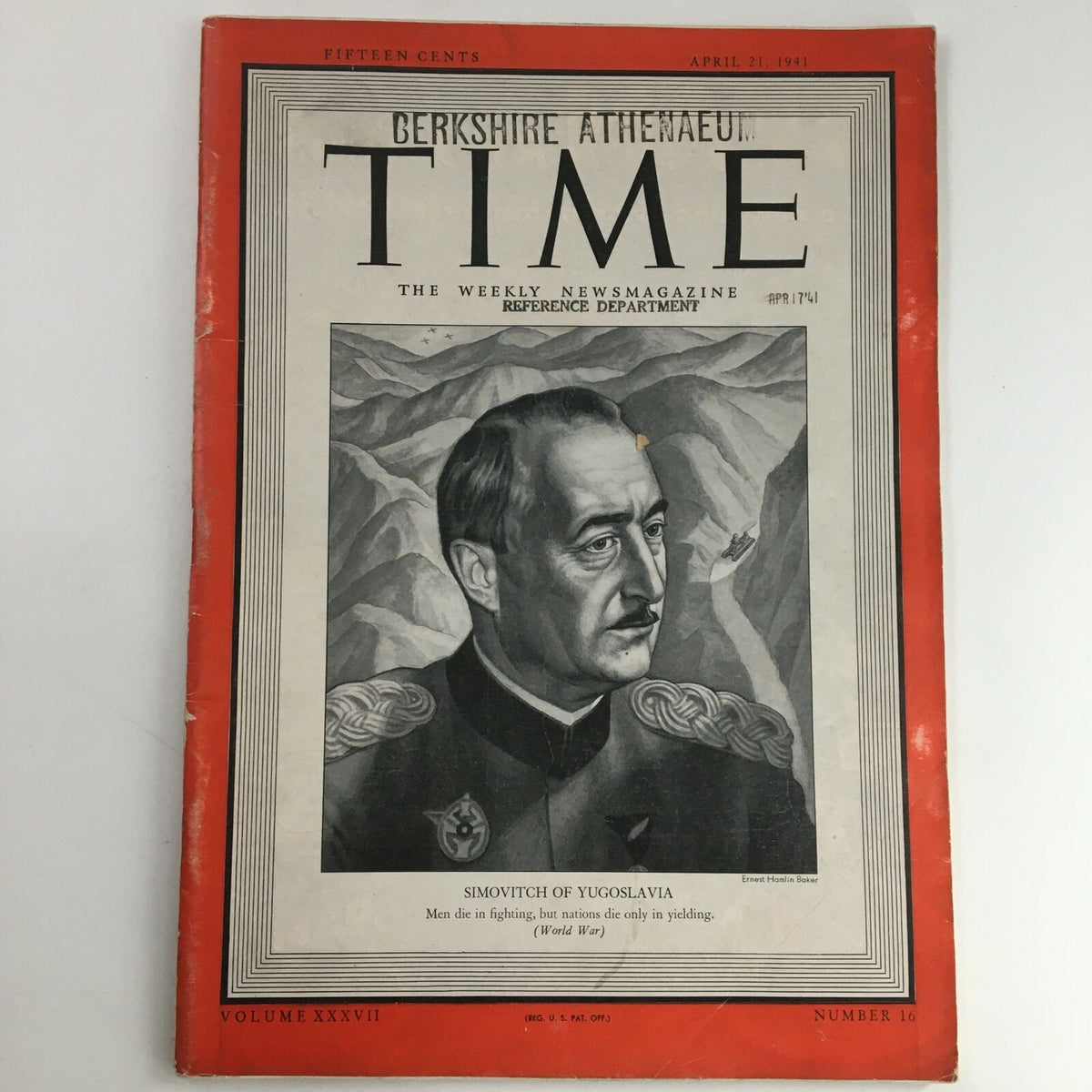 Cover of Time Magazine from April 21, 1941, featuring General Dusan Simovitch of Yugoslavia, Volume 37, Number 16. Captivating vintage publication associated with World War II history.