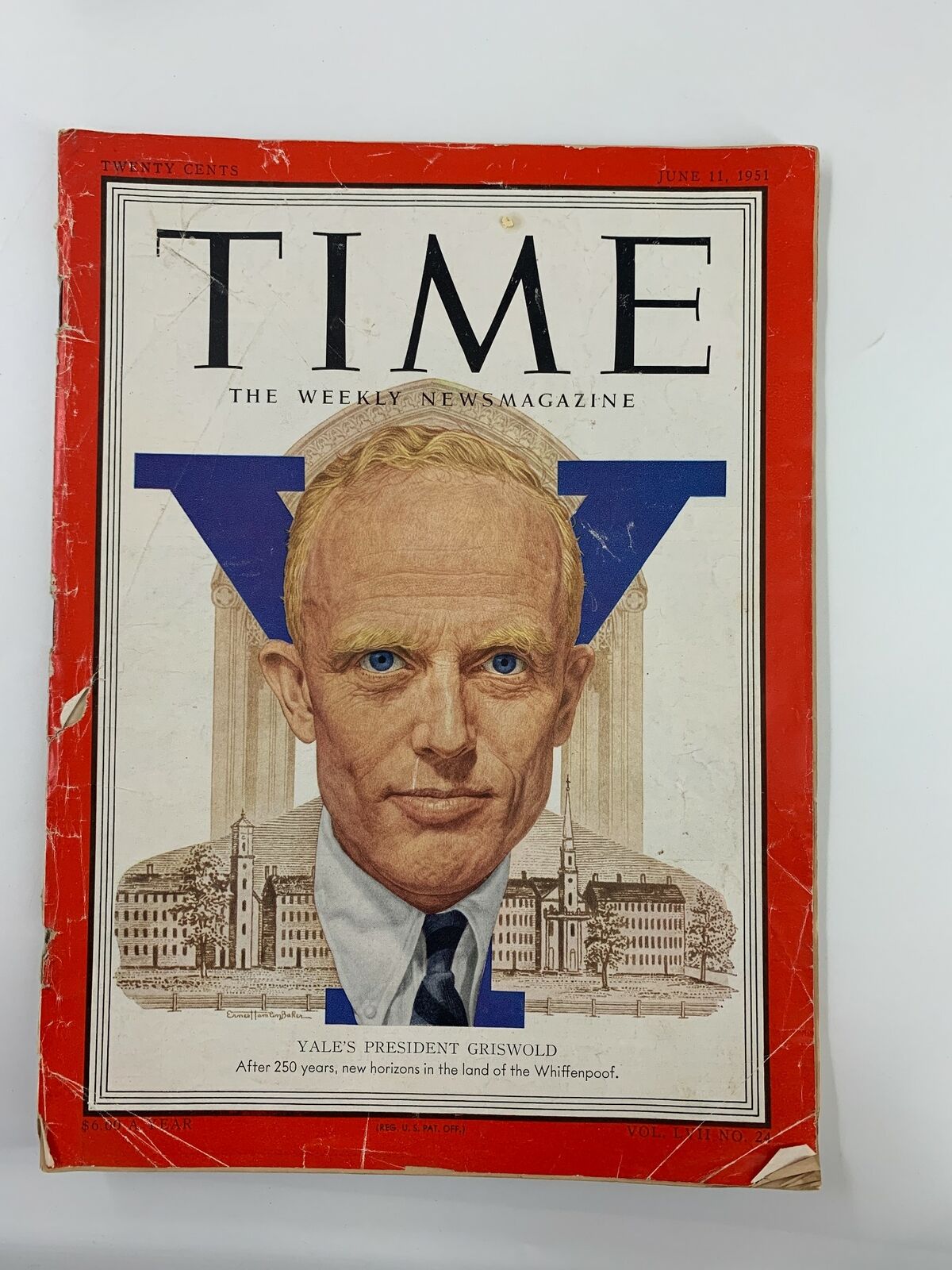 Cover of VTG Time Magazine June 11 1951 featuring Yale's President Alfred Whitney Griswold with a detailed illustration and vintage design.