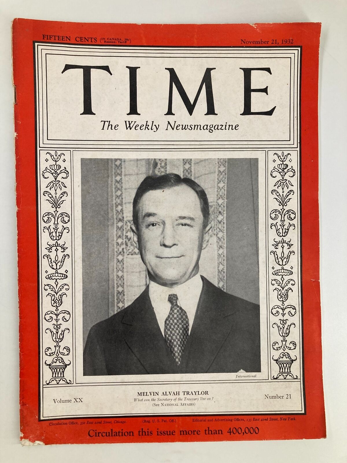 VTG Time Magazine November 21 1932 cover featuring Melvin Alvah Traylor, showcasing vintage design and historical significance from Volume 20, Number 21.