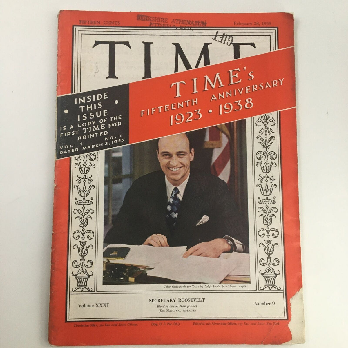 Time Magazine February 28 1938 Vol 31 #9 featuring U.S. Secretary of Treasury Henry Morgenthau on the cover, showcasing a historic portrait.