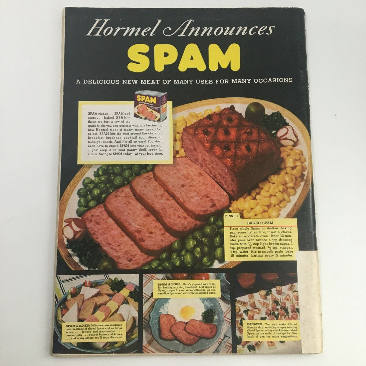 Vintage advertisement for Hormel Spam in an old magazine, highlighting various meal suggestions and uses of Spam, from baked dishes to breakfast ideas.