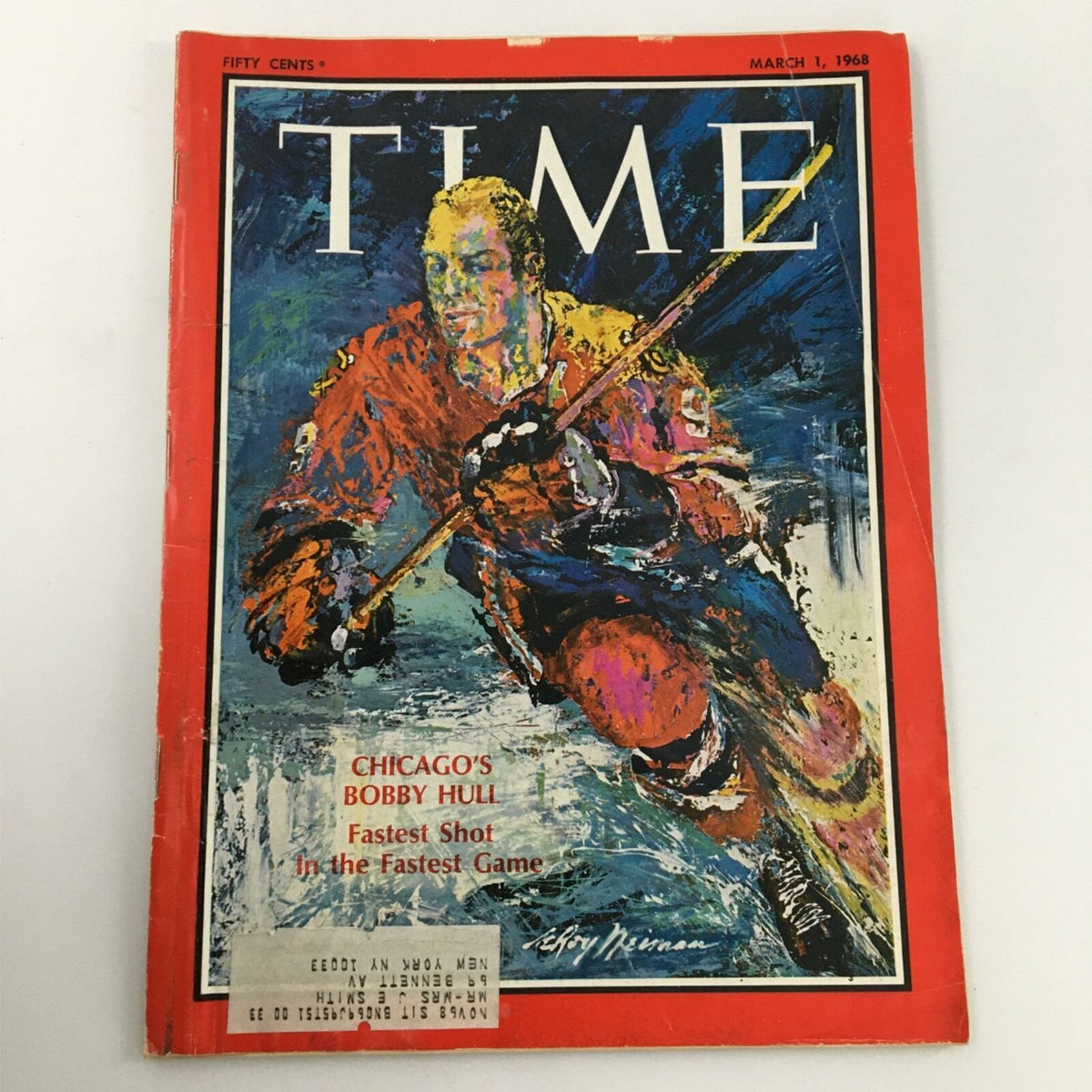 VTG Time Magazine March 1, 1968 featuring Chicago's Bobby Hull on the cover, highlighting his fast shot in hockey.