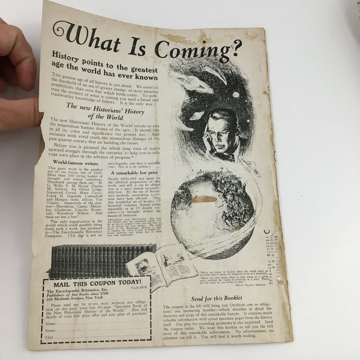 The back cover of Time Magazine March 22 1926 displaying an advertisement titled 'What Is Coming?' highlighting historical significance and contents.