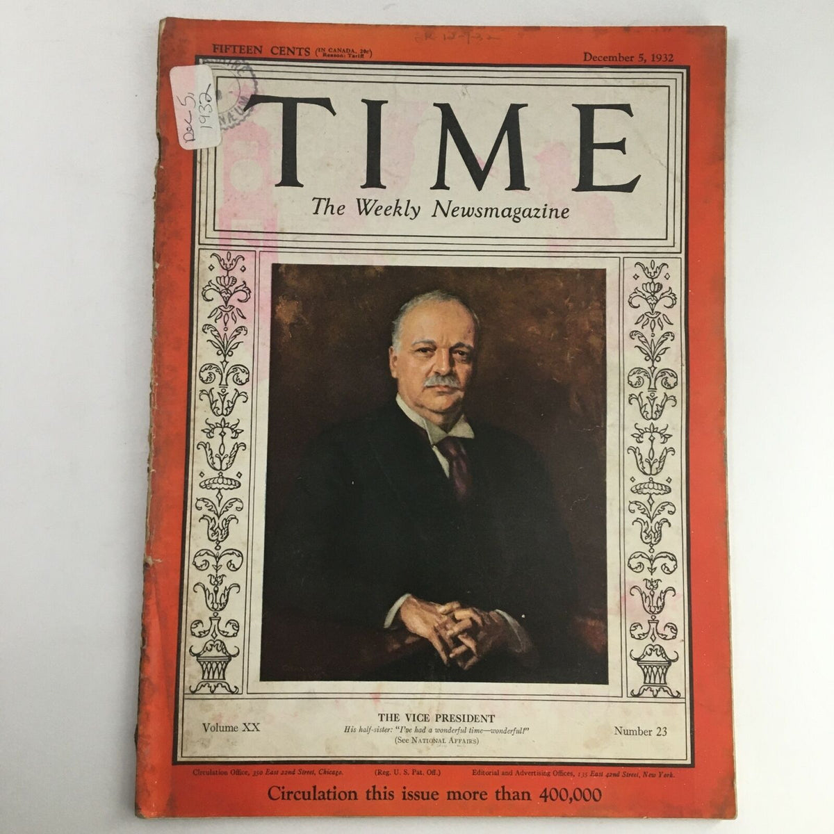 Time Magazine cover from December 5, 1932 featuring Vice President Charles Curtis, Volume 20, Issue 23.