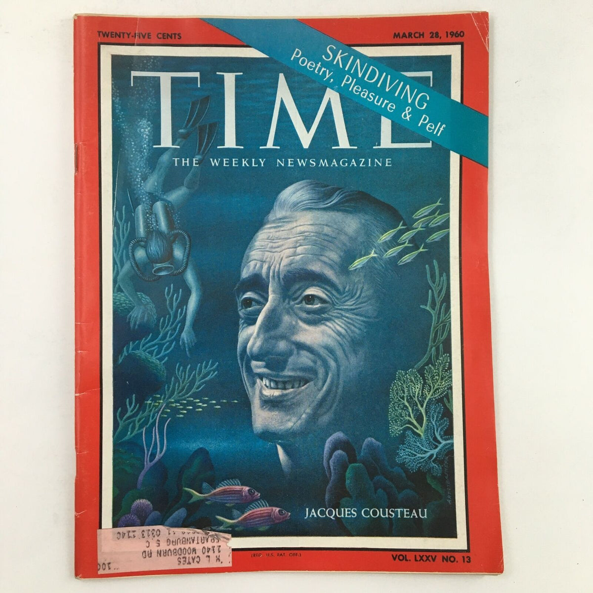 Time Magazine dated March 28, 1960, Volume 75, No. 13 featuring Jacques Cousteau on the cover, highlighting skindiving and poetry with vibrant underwater imagery.