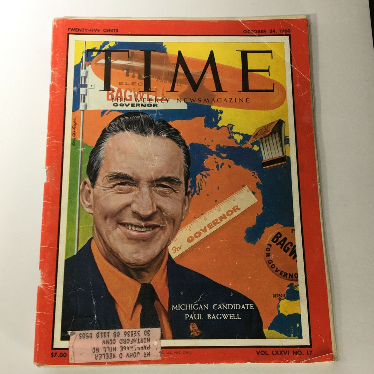 Cover of VTG Time Magazine October 24, 1960 featuring Michigan Candidate Paul Bagwell, showcasing vibrant colors and a political theme.