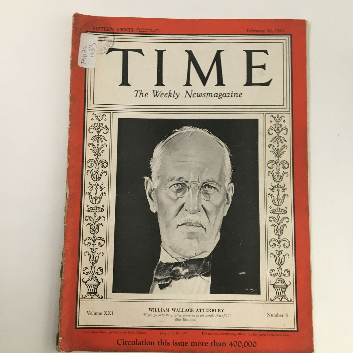 Time Magazine cover from February 20, 1933 featuring Brigadier General William Wallace Atterbury. This vintage magazine showcases a portrait of Atterbury and highlights historical themes from the early 20th century.