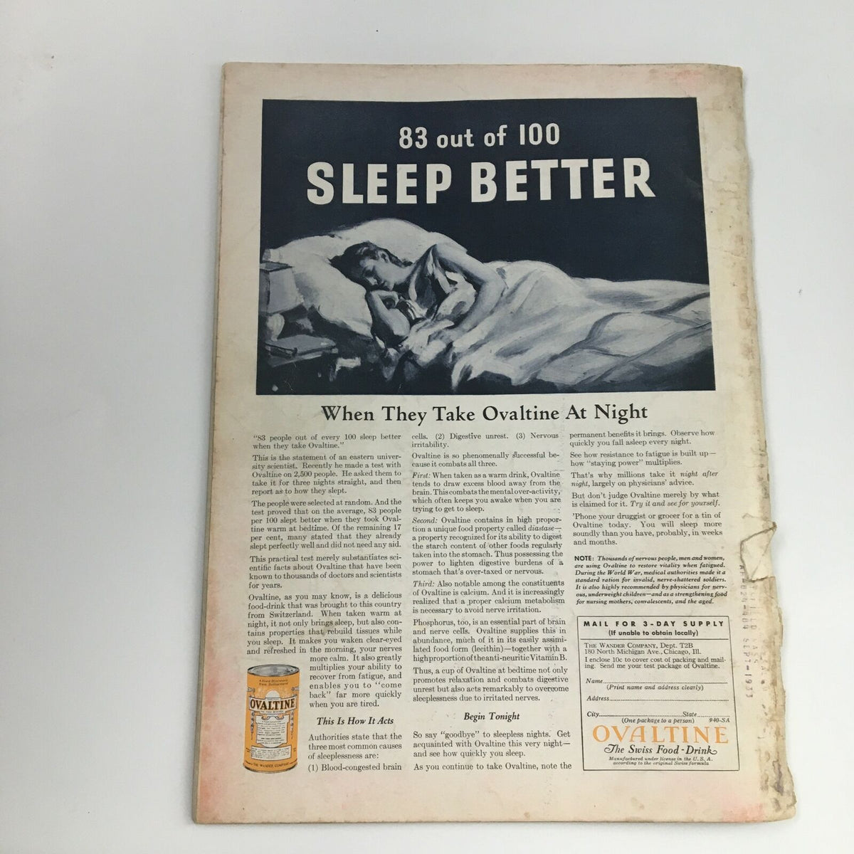 Back cover of the Time Magazine February 20, 1933 featuring an advertisement for Ovaltine, highlighting a sleep improvement claim and vintage design elements.