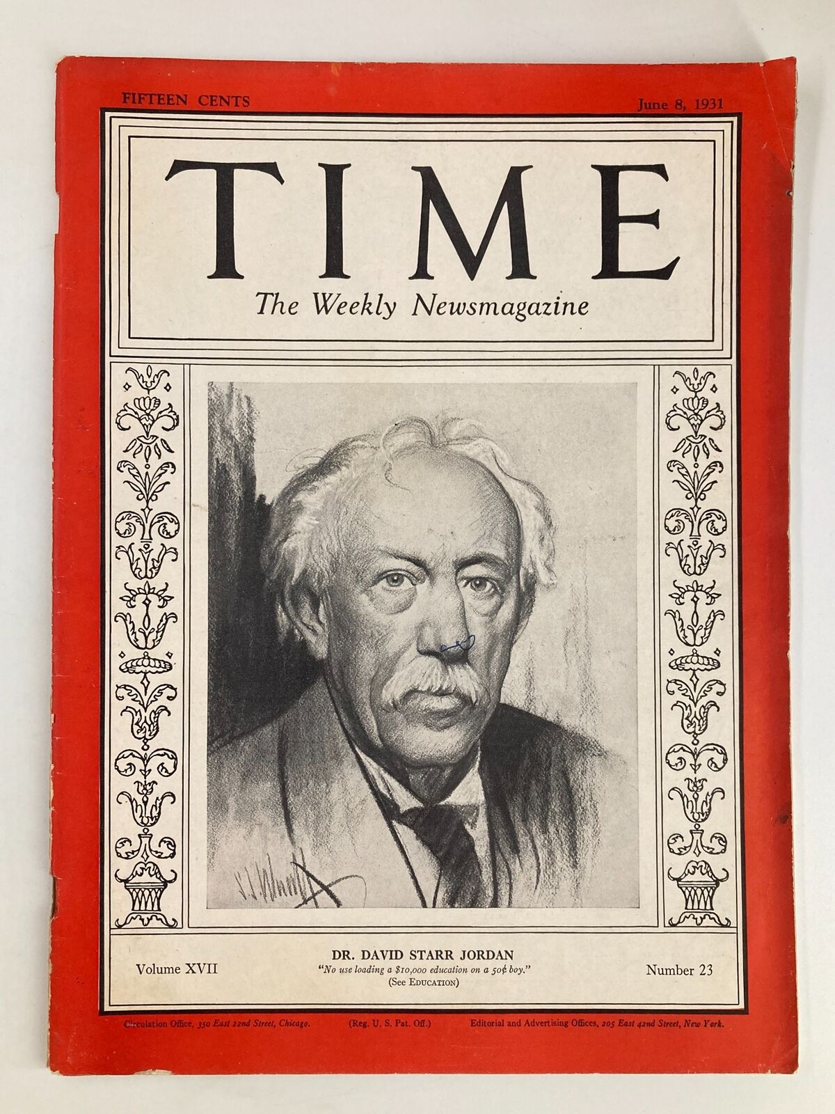 VTG Time Magazine June 8, 1931 featuring Dr. David Starr Jordan on the cover, showcasing historical design and vintage publication charm.