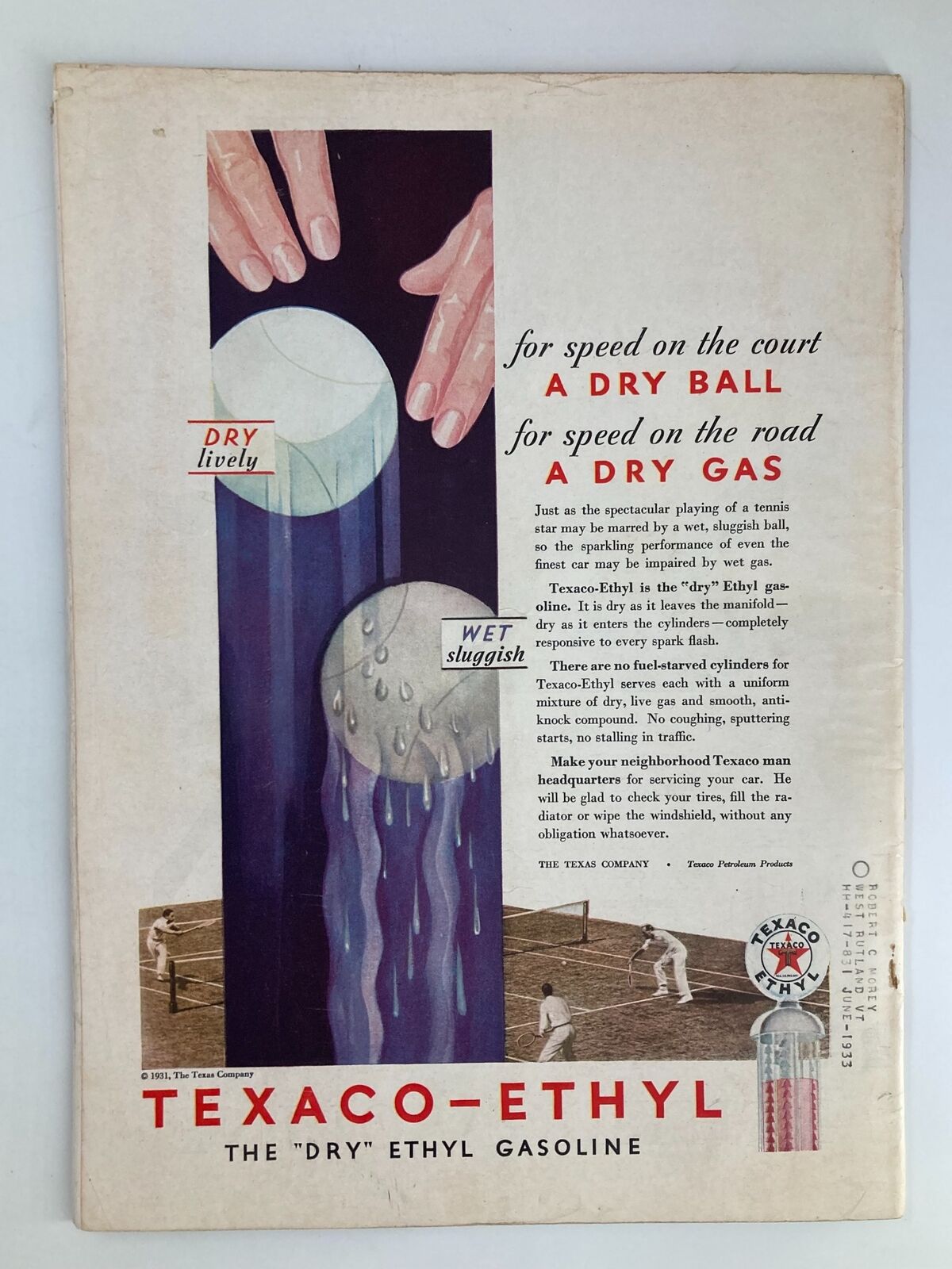 Back cover of VTG Time Magazine June 8, 1931 featuring an advertisement for Texaco-Ethyl gasoline, illustrating early 20th century marketing.