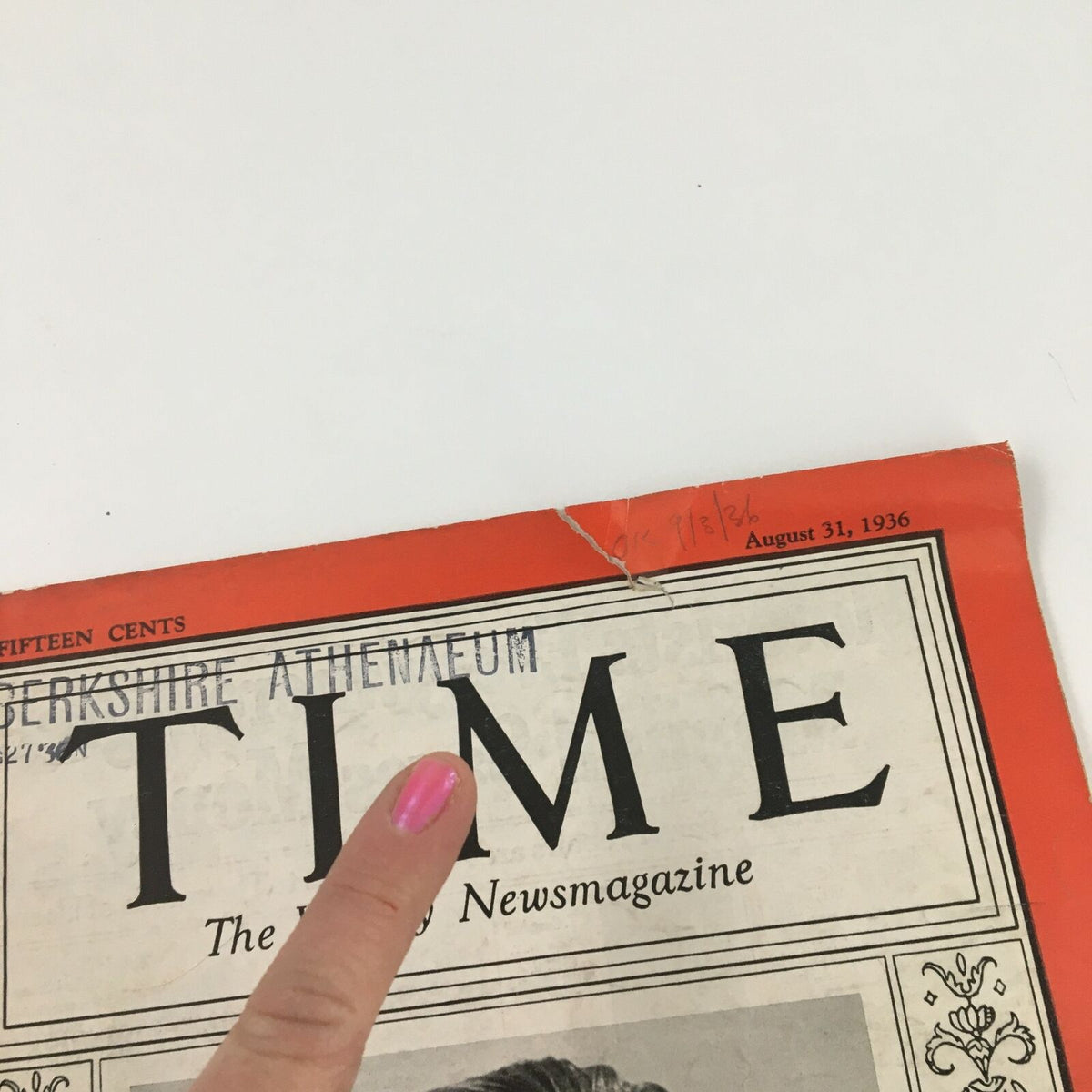 Time Magazine August 31 1936 Vol 28 #9 Cover Detail featuring Clark Gable, highlighted with a finger pointing at the magazine's title and publication date.