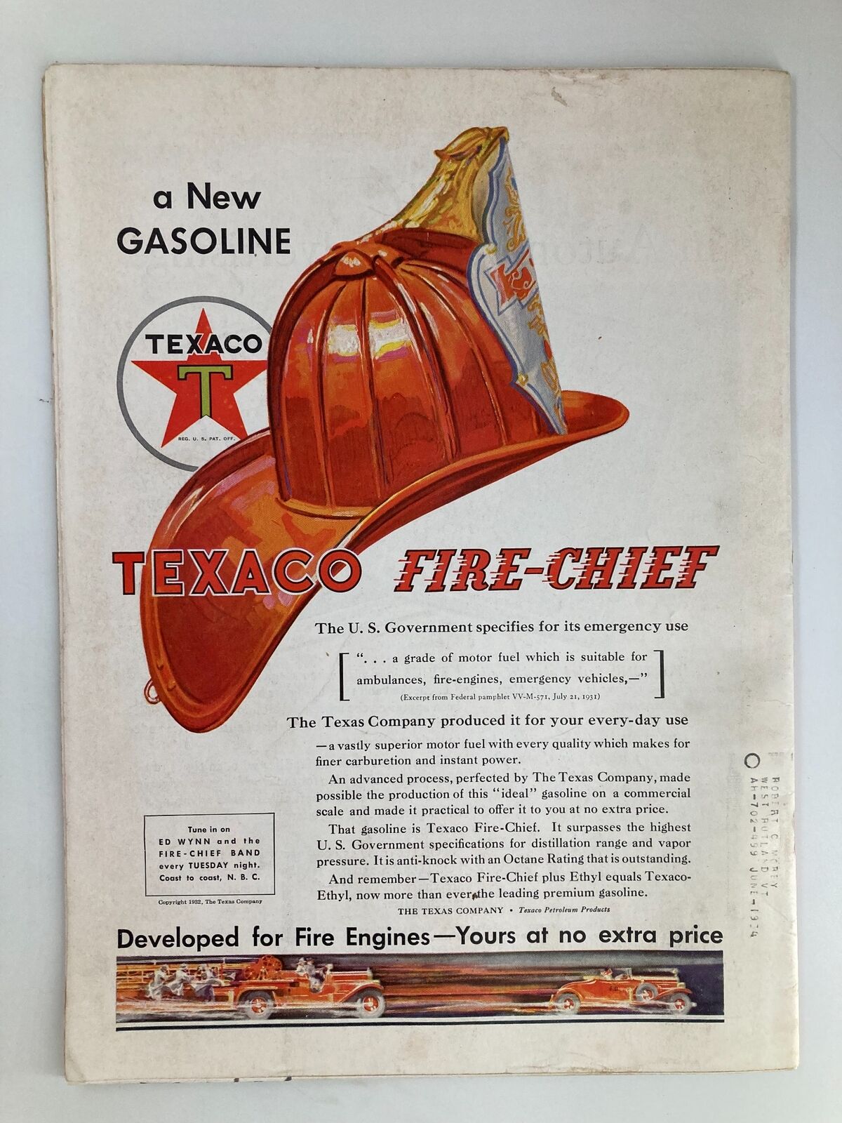 Advertisement for Texaco Fire-Chief gasoline from a vintage magazine, showcasing a red firefighter hat and emphasizing its suitability for emergency vehicles.